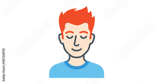 A cartoon man with spiky orange hair and closed eyes wears a blue t-shirt on a white background.