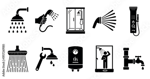 Collection of black and white silhouette icons representing various shower types, fixtures, and related bathroom elements, perfect for design and web use.