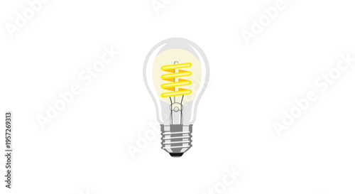A transparent light bulb with a glowing yellow spiral filament and a silver base is centered on a white background.