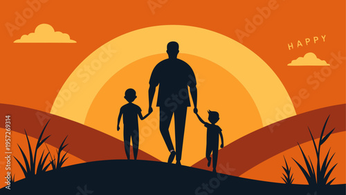 A father walking with his two young children across a grassy hill during a beautiful sunset hour