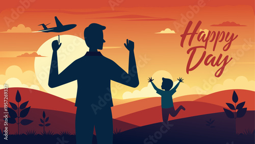 A silhouette of a father and his young child playing together in a field during a vibrant sunset