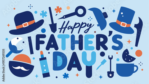 A festive flat design illustration featuring typography and icons for a happy father's day card