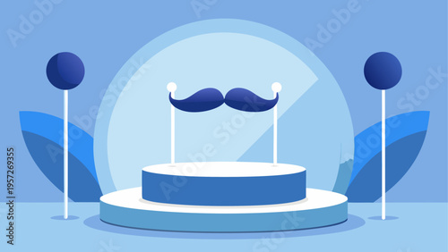 A blue mustache prop displayed on a circular podium with a modern minimalist graphic background
