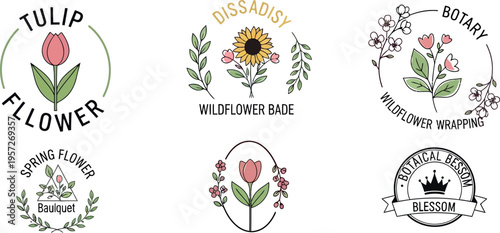 A delightful collection of unique hand-drawn floral logo designs, featuring a charming array of tulips, sunflowers, and spring blossoms, perfect for elegant branding and natural-themed usage.