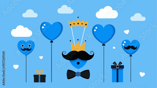 A festive father day celebration design featuring blue heart balloons with mustache and bow tie