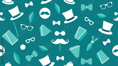 Seamless pattern featuring white and teal icons of gentleman accessories like hats and mustaches