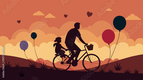 A silhouette illustration of a father riding a bicycle with his young child during the sunset