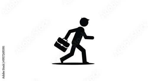 A black silhouette of a man carrying a briefcase walks purposefully to the right on a clean white background.