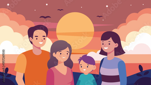 A happy family standing together outdoors under a large sun during a beautiful orange sunset sky
