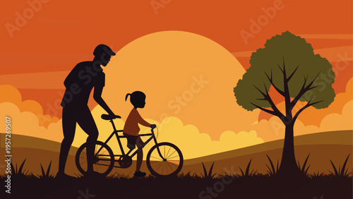 A father teaching his young daughter how to ride a bicycle in a beautiful park during the sunset