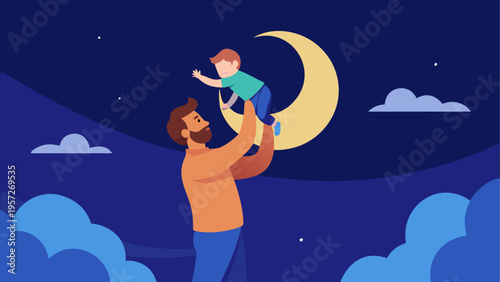 A loving father lifting his happy toddler son high towards the glowing crescent moon at night time