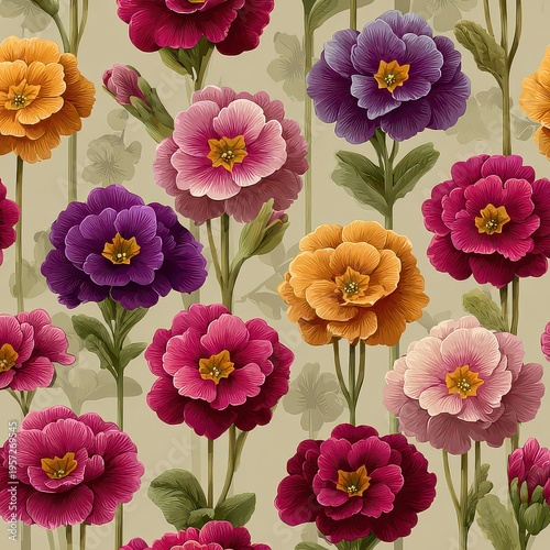 Vibrant Floral Pattern with Colorful Flowers on Beige Background