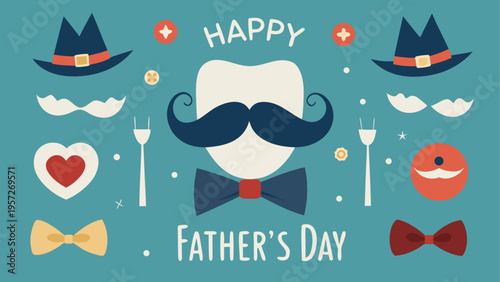 Graphic illustration featuring a stylized mustache and bow tie elements for a happy father's day