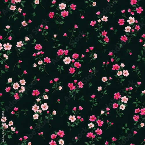Vibrant Floral Pattern with Pink Flowers on Dark Green Background