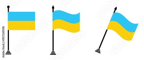 Ukraine flag vector collection set with flat, waving and tilted icons on flagpole isolated on white background.