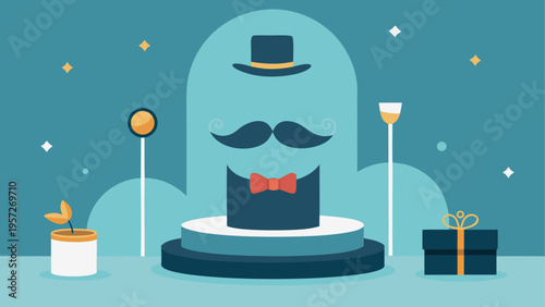 A stylized gentleman icon featuring a top hat a thick mustache and a red bowtie on a blue podium
