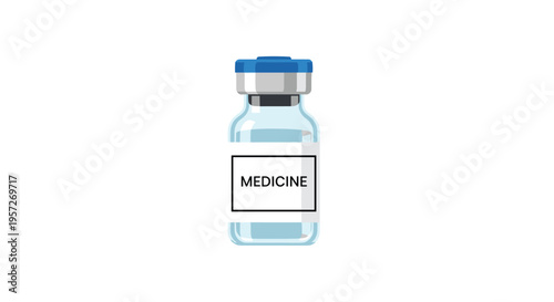 A single, clear glass medicine vial with a blue cap and a MEDICINE label stands vertically on a plain white background.