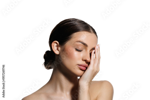 Portrait of beautiful woman after spa treatment on white background