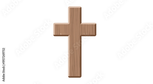 A single, three-dimensional wooden cross with visible grain texture stands centrally on a clean white background.