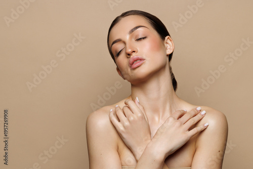 Portrait of young woman on beige background, space for text. Spa treatment
