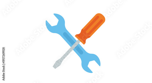 A blue wrench and an orange screwdriver are crossed diagonally on a pristine white background.