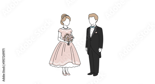 A bride in a pink dress and a groom in a black tuxedo are standing formally on a white background.