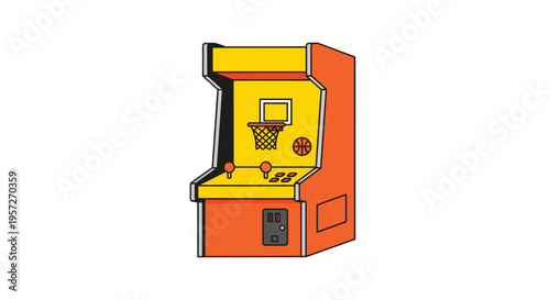 A retro arcade basketball game machine with a hoop and controls is depicted in orange and yellow against a plain white background.