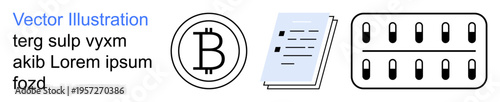 Cryptocurrency, blockchain, technology, digital finance, secure transactions, record keeping. Bitcoin symbol, document and computer data . Cryptocurrency and blockchain concept