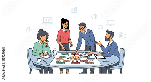 Business people discuss on table.