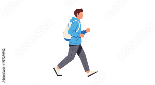 A young man wearing a blue hoodie and a white backpack walks to the right on a plain white background.