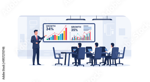 A businessman presents financial growth data on a large screen to four seated colleagues in a modern office meeting room.