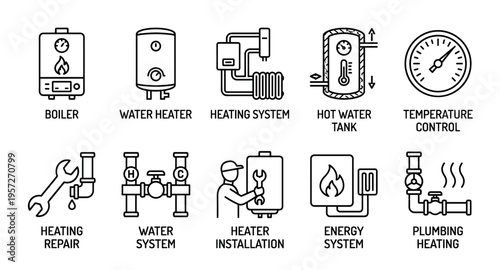 Set of line art icons depicting various heating and plumbing system components like boilers, water heaters, and control panels, suitable for technical or service industries.