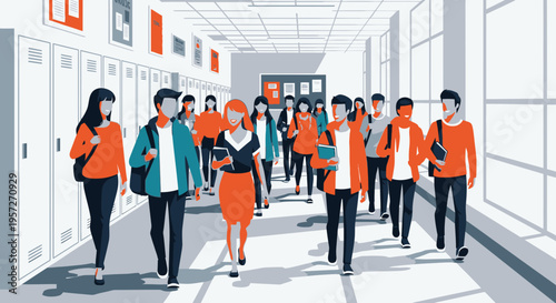 Group of students walking in hallway.