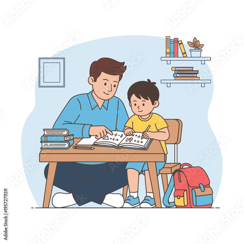 Man and boy studying at desk.