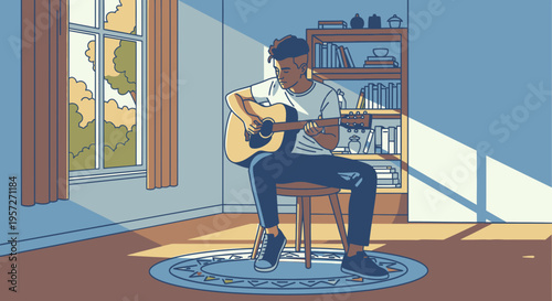 Man playing acoustic guitar sitting down 1.