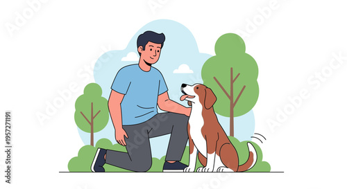 Man kneeling down with brown dog.