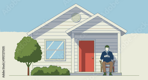 Man standing at house front door.