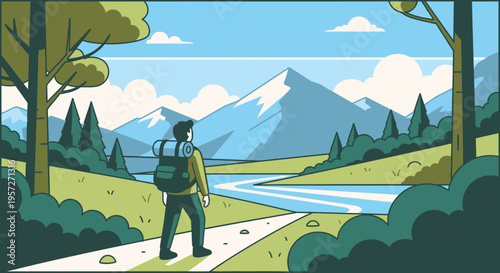 Man wearing backpack standing on pathway.