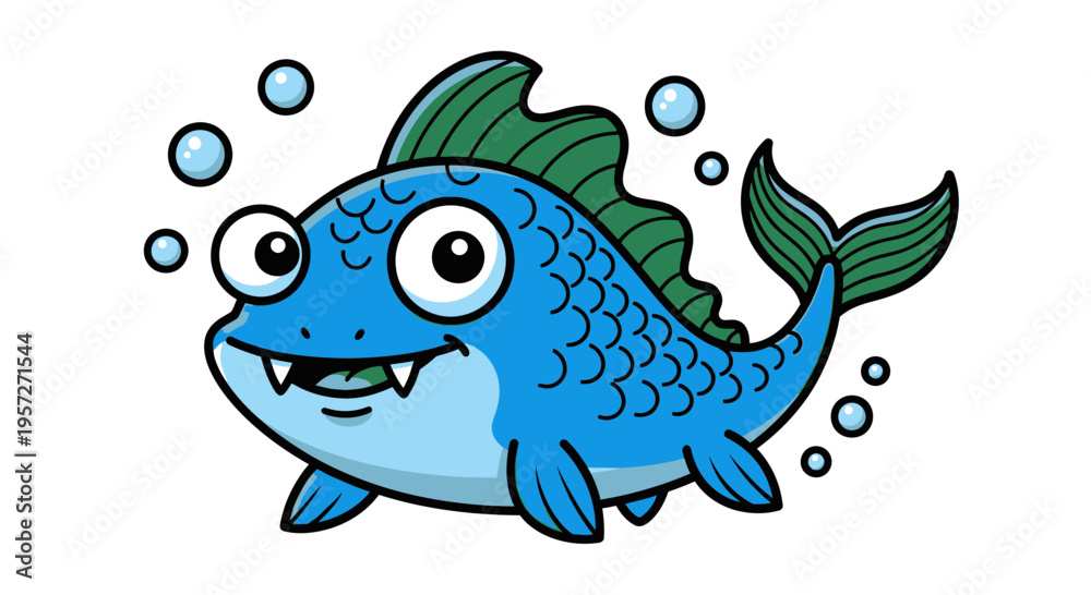 Fototapeta premium Smiling cartoon blue fish underwater.