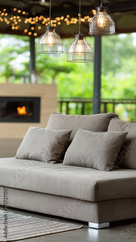 Fireplace creates warmth in a cozy living room with sofa in blurred background. Space offers room for text and design ideas