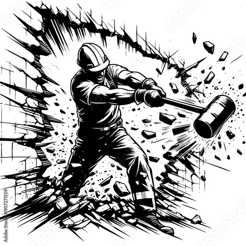Demolition Worker Breaking Wall