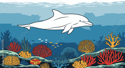 White dolphin swimming in ocean water.