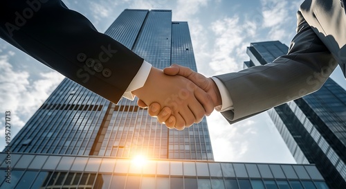 Two professional businessmen in suits shake hands with a firm grip against the backdrop of gleaming modern skyscrapers and a bright lens flare.