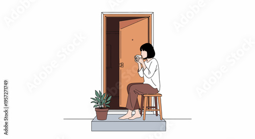 Woman sitting on a stool indoors.