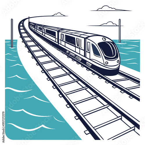 Photography Monochromatic illustration of a modern train traveling on tracks over water with