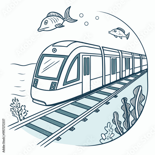 An illustration of a train traveling underwater with fish swimming around it