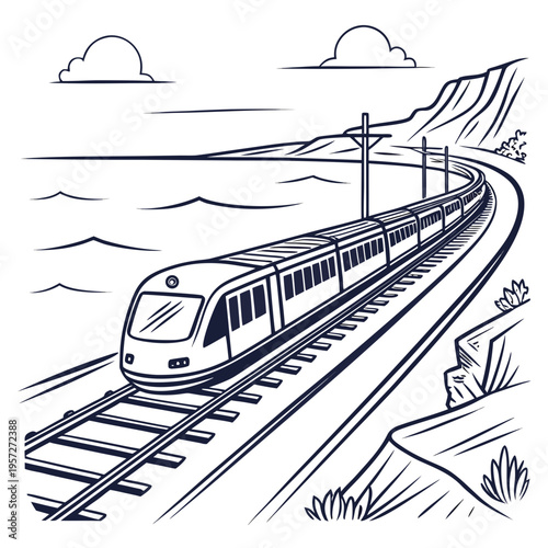 A black and white illustration of a train traveling through a scenic landscape with mountains and clouds in the background