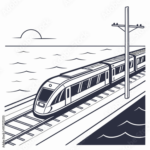 Monochromatic illustration of a modern train traveling along a coastal railway track near the ocean at sunrise or sunset