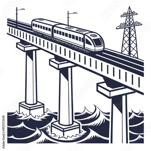 Monorail train traveling on elevated tracks over water with power lines and waves below in a stylized illustration