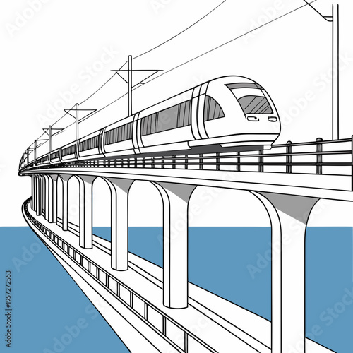 Monorail train traveling on elevated tracks over water on a sunny day with modern architecture and urban landscape